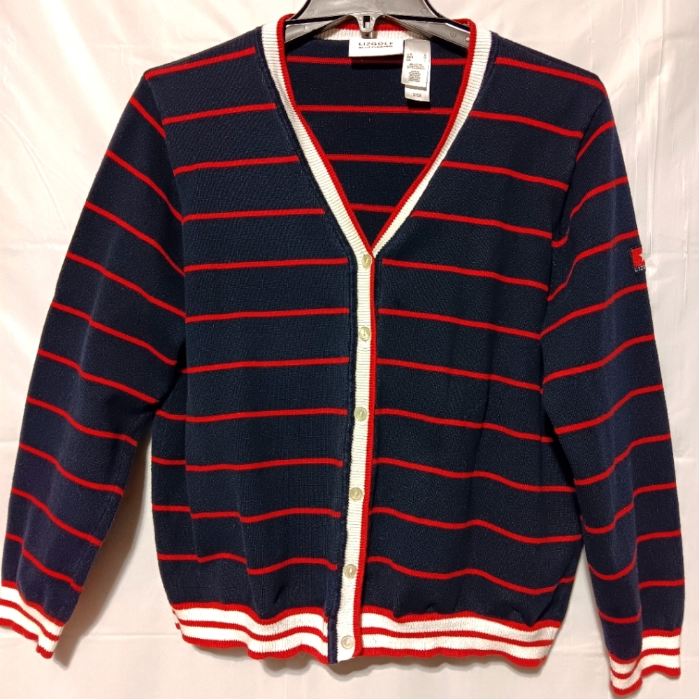 Liz Golf EUC Women's V-neck Cardigan, Large, Navy with Red Stripes White Accents
